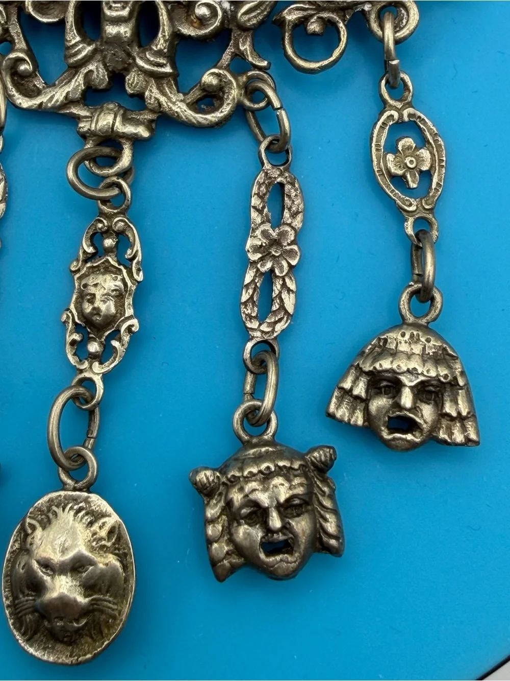 Antique Italian 800 Silver Florentine Lily Peruzzi Satyr Mask Brooch Pendant